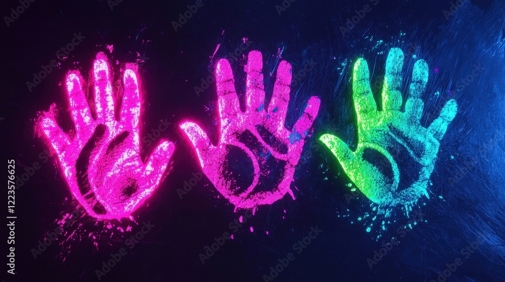 Three handprints are displayed in bright pink, purple, and green powder. The unique patterns stand out vividly against the dark backdrop, showcasing creativity and artistic expression Three handprints are displayed in bright pink, purple, and green powder. The unique patterns stand out vividly against the dark backdrop, showcasing creativity and artistic expression