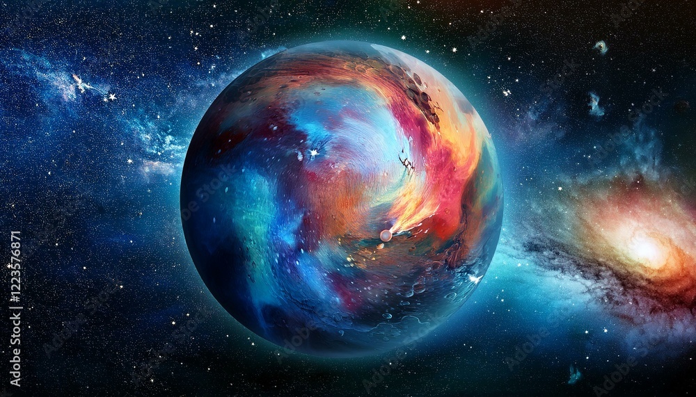 Obraz premium 암흑 공간에 떠있는 독특한 색상의 구형 행성