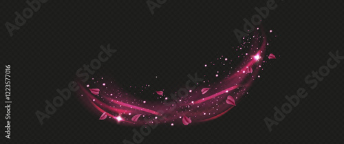 Pink fresh air or wind effect with leaves on transparent background. Vector realistic illustration with sparkling particles, sakura petals, romantic vortex, spring leaves