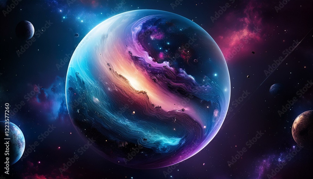Obraz premium 암흑 공간에 떠있는 독특한 색상의 구형 행성