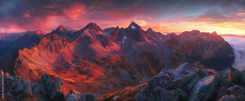 Obraz premium Majestic Sunset Mountain Panorama: Fiery Hues and Dramatic Peaks