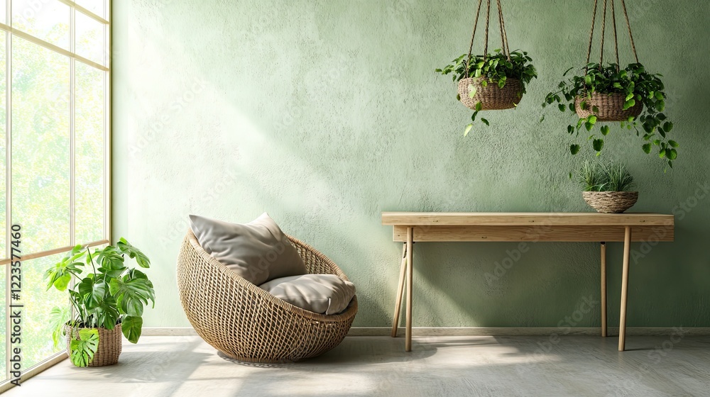 A nature-infused eclectic office with plaster walls painted a soft sage green
