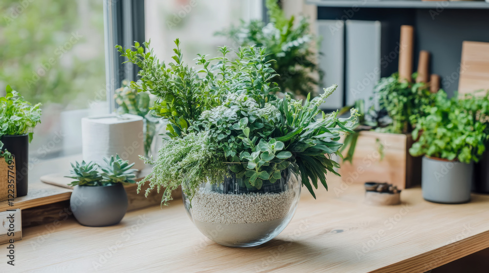 Lush Greenery in Glass Bowl on Wooden Table near Window Lush Greenery in Glass Bowl on Wooden Table near Window