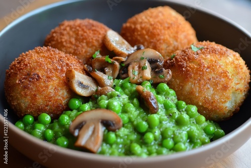 Mushroom and pea puree potato bites photo