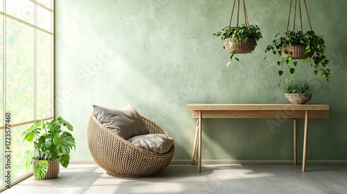 Obraz na płótnie A nature-infused eclectic office with plaster walls painted a soft sage green w salonie
