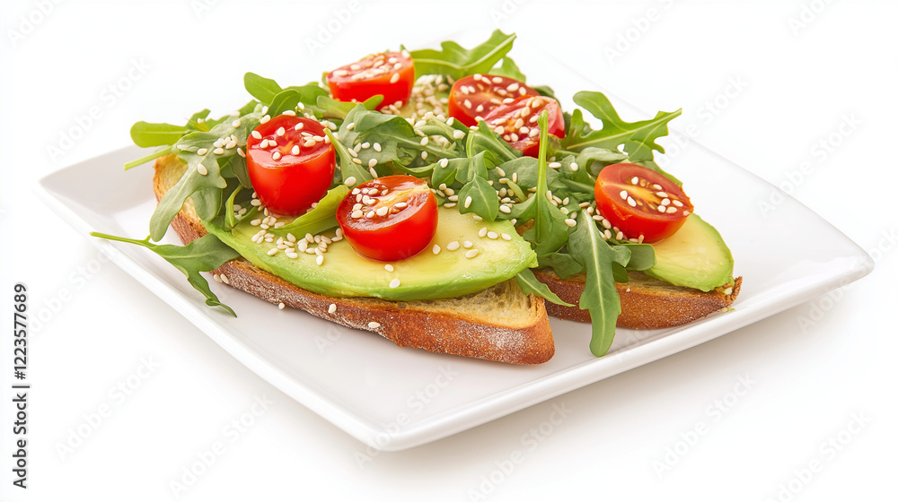 Healthy avocado toast with cherry tomatoes, fresh arugula, and sesame seeds on whole-grain bread. Delicious plant-based breakfast or snack on a clean white plate and background. Healthy avocado toast with cherry tomatoes, fresh arugula, and sesame seeds on whole-grain bread. Delicious plant-based breakfast or snack on a clean white plate and background.