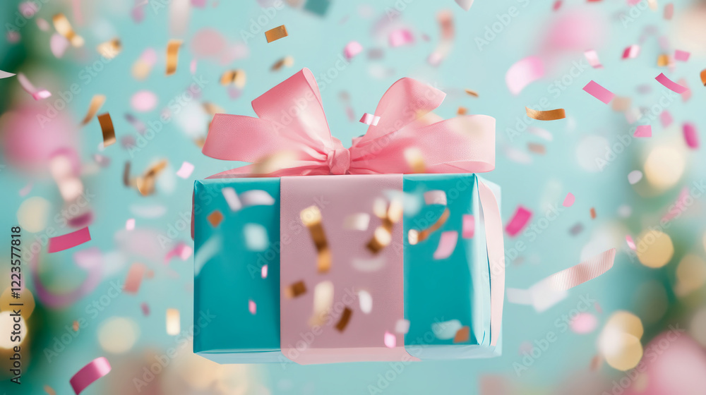 Fototapeta premium Pastel Gift Box with Pink Bow and Confetti
