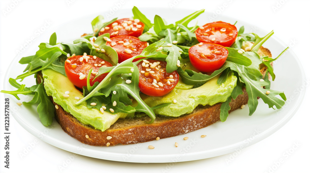 Healthy avocado toast with cherry tomatoes, fresh arugula, and sesame seeds on whole-grain bread. Delicious plant-based breakfast or snack on a clean white plate and background. Healthy avocado toast with cherry tomatoes, fresh arugula, and sesame seeds on whole-grain bread. Delicious plant-based breakfast or snack on a clean white plate and background.