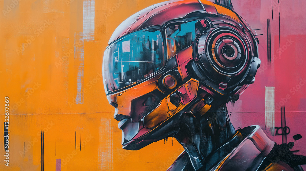 Fototapeta premium Colorful mural of a robot with a detailed helmet.