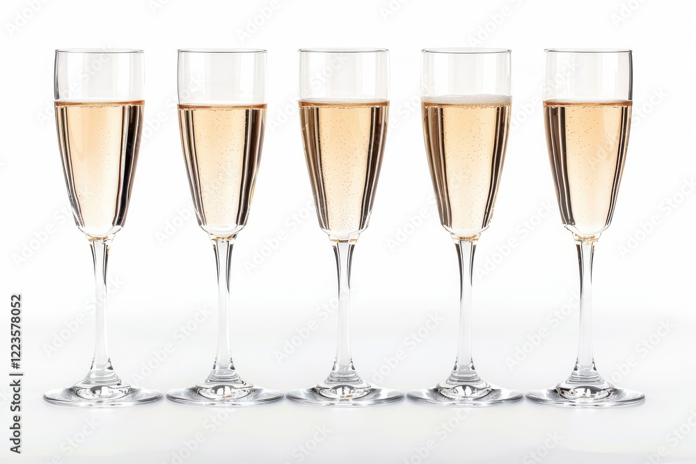 Five elegant champagne flutes filled with sparkling rosé stand gracefully on a white surface, capturing the essence of celebration and joy isolated on transparent background Five elegant champagne flutes filled with sparkling rosé stand gracefully on a white surface, capturing the essence of celebration and joy isolated on transparent background