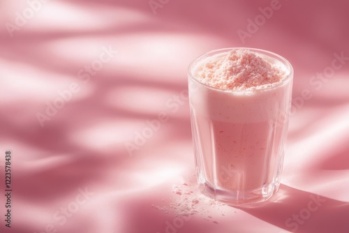 Protein powder in a glass on a pink backdrop Sunlight Health drink close up photo