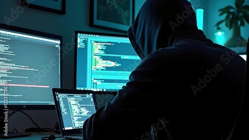 Hooded Hacker Figure Working on Multiple Computer Screens at Night