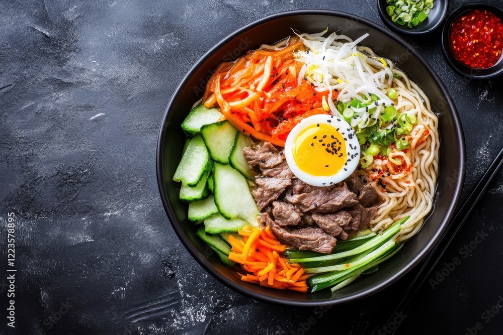 Pyeongyang style cold buckwheat noodles topped with beef vegetables and egg Pyeongyang style cold buckwheat noodles topped with beef vegetables and egg