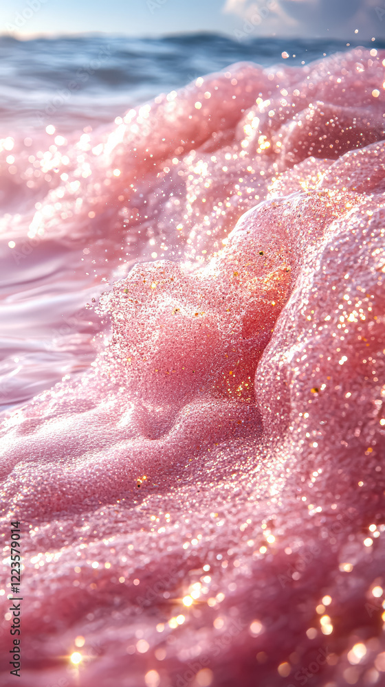 Fototapeta premium Beautiful pink ocean with sparkling water and a bright sun in the background. The water is filled with glitter, creating a mesmerizing and dreamy atmosphere. The sun's rays reflect off the water