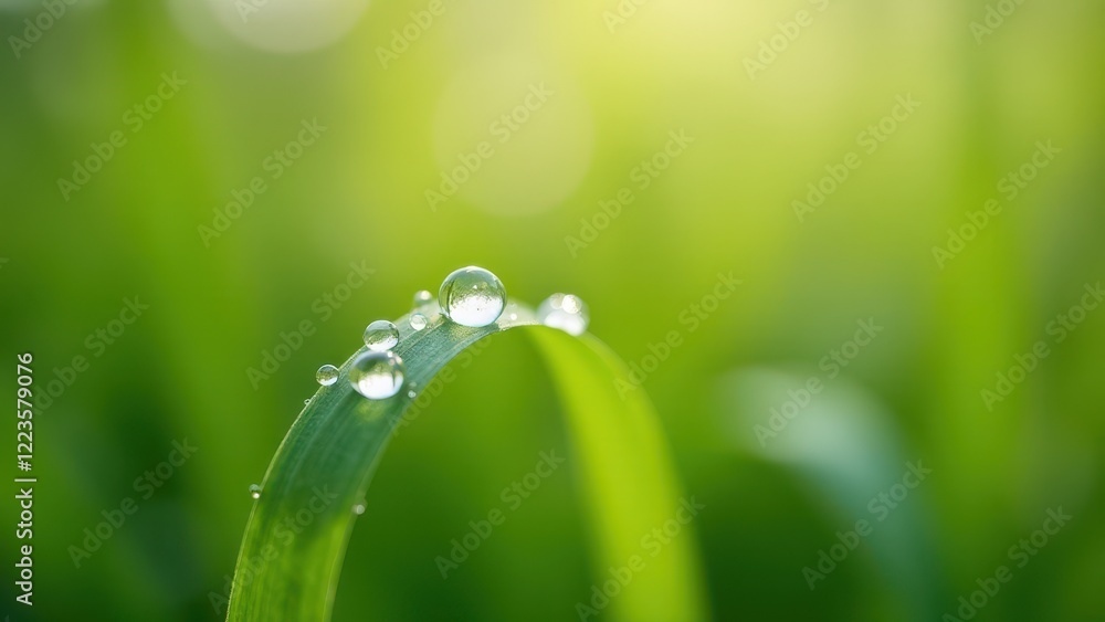 Macro photography of a dew drop on a curved grass blade at sunrise Macro photography of a dew drop on a curved grass blade at sunrise