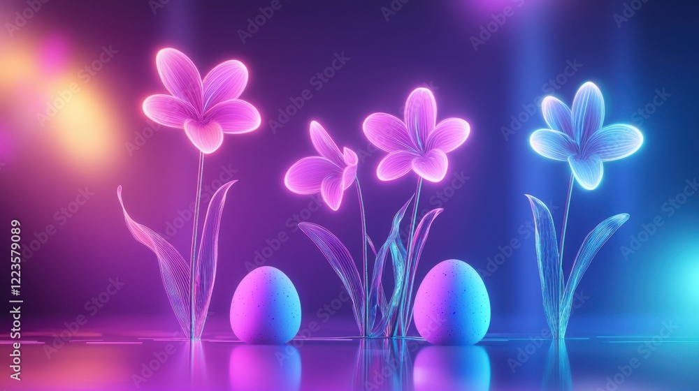 Vibrant flowers in shades of pink and blue illuminate a spring setting alongside pastel eggs, capturing the essence of renewal and joy in a magical ambiance Vibrant flowers in shades of pink and blue illuminate a spring setting alongside pastel eggs, capturing the essence of renewal and joy in a magical ambiance