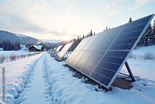 Solar Panels Lining a Snow-Covered Path with a Cozy Cabin in the Winter Mountain Landscape photo