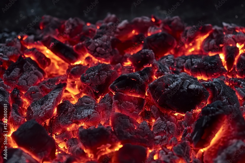 Fiery red coals radiate intense heat in a firepit, casting a warm glow. This close-up captures the vibrant colors and textures as they slowly burn. With copy space for text Fiery red coals radiate intense heat in a firepit, casting a warm glow. This close-up captures the vibrant colors and textures as they slowly burn. With copy space for text