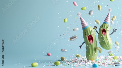 Celebratory pickles party colorful confetti fun and lively environment whimsical viewpoint festive concept for seo impact