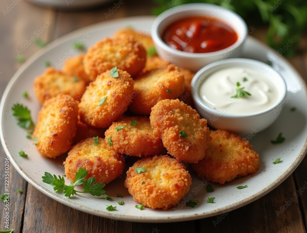 Crispy chicken nuggets served with tasty dips on a rustic wooden table Crispy chicken nuggets served with tasty dips on a rustic wooden table
