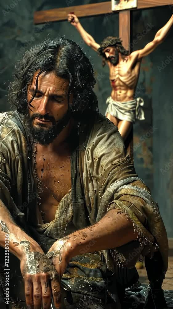 Tragic betrayal scene: Judas and Jesus, thirty silver pieces, sorrowful act, redemption message, crucifixion moment, divine sacrifice, hope symbol, faith trial, eternal meaning, forgiveness story. Tragic betrayal scene: Judas and Jesus, thirty silver pieces, sorrowful act, redemption message, crucifixion moment, divine sacrifice, hope symbol, faith trial, eternal meaning, forgiveness story.