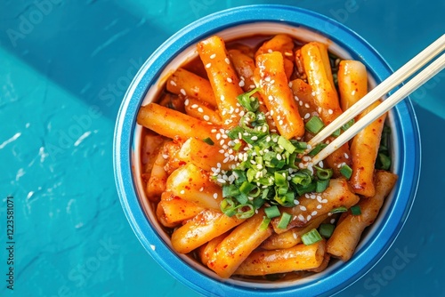 Spicy Korean rice cakes in gochujang sauce viewed from above with chopsticks photo