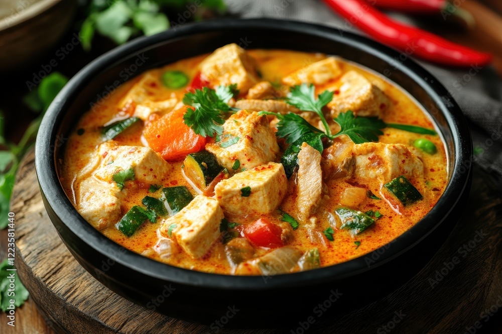 Spicy Korean silken tofu stew with pork kimchi and vegetables in a black bowl on a wooden table Spicy Korean silken tofu stew with pork kimchi and vegetables in a black bowl on a wooden table
