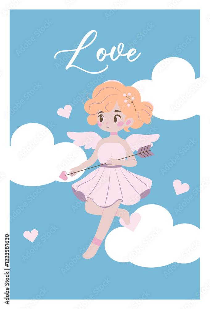 Charming flat-style illustration of a cute cupid with orange hair, sitting among white clouds, holding an arrow and bow. Perfect for Valentine's Day themes, love greetings, and romantic designs. Charming flat-style illustration of a cute cupid with orange hair, sitting among white clouds, holding an arrow and bow. Perfect for Valentine's Day themes, love greetings, and romantic designs.