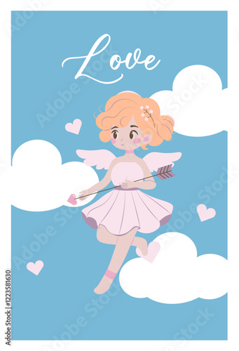 Charming flat-style illustration of a cute cupid with orange hair, sitting among white clouds, holding an arrow and bow. Perfect for Valentine's Day themes, love greetings, and romantic designs.