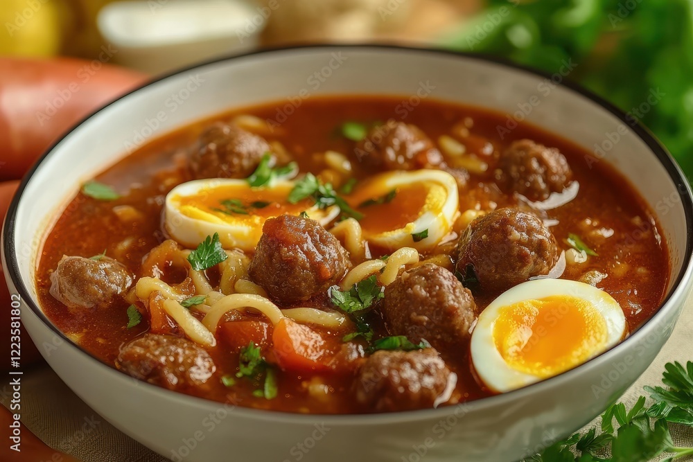 Spicy noodle seblak is a soup featuring soaked crackers meatballs sausages vegetables and eggs all in a flavorful spicy sauce Spicy noodle seblak is a soup featuring soaked crackers meatballs sausages vegetables and eggs all in a flavorful spicy sauce