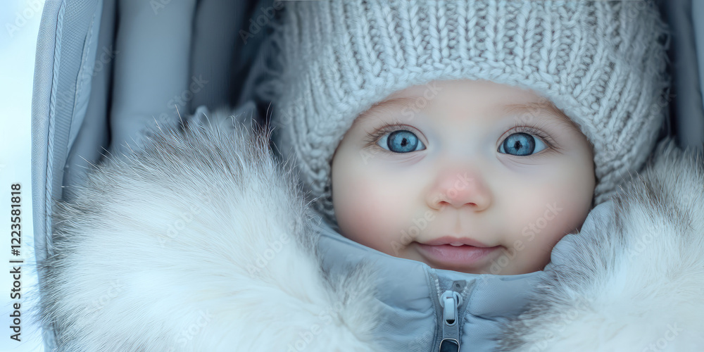 Cute smiling Baby in stroller, pram. Little kid in knitted hat and jacket in pushchair. Infant in buggy. Cute smiling Baby in stroller, pram. Little kid in knitted hat and jacket in pushchair. Infant in buggy.