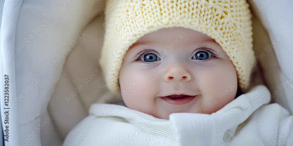 Cute smiling Baby in stroller, pram. Little kid in knitted hat and jacket in pushchair. Infant in buggy. Cute smiling Baby in stroller, pram. Little kid in knitted hat and jacket in pushchair. Infant in buggy.