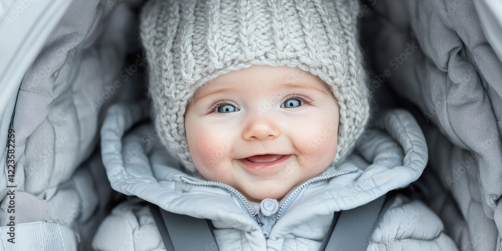 Cute smiling Baby in stroller, pram. Little kid in knitted hat and jacket in pushchair. Infant in buggy. Cute smiling Baby in stroller, pram. Little kid in knitted hat and jacket in pushchair. Infant in buggy.
