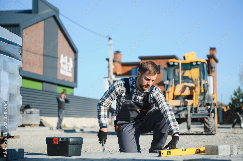 Construction worker installing and laying pavement stones on terrace, road or sidewalk. Worker using stones and rubber hammer to build stone sidewalk Construction worker installing and laying pavement stones on terrace, road or sidewalk. Worker using stones and rubber hammer to build stone sidewalk