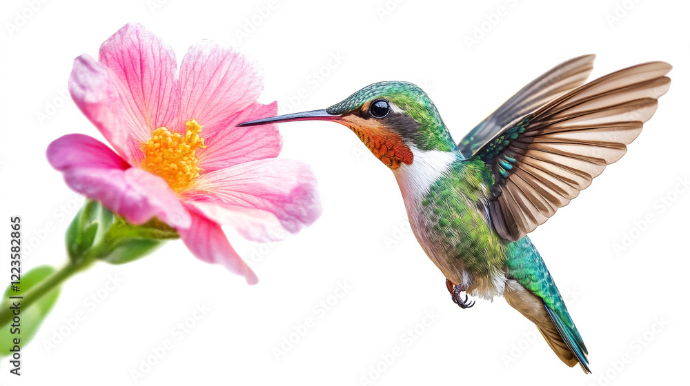 Fototapeta premium Hummingbird hovering near vibrant pink flower