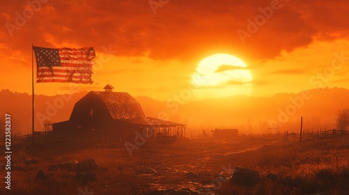 Tattered american flag flying high at sunset over a farm in the countryside