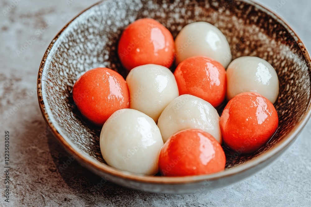 Tasty rice dumplings red and white in a bowl Traditional Asian dish for the Winter Solstice Festival detailed view