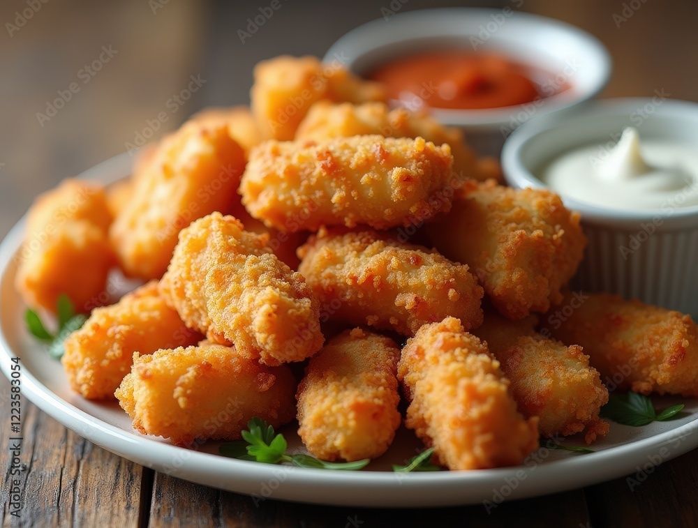 Crispy golden chicken nuggets served with dipping sauces on plate Crispy golden chicken nuggets served with dipping sauces on plate