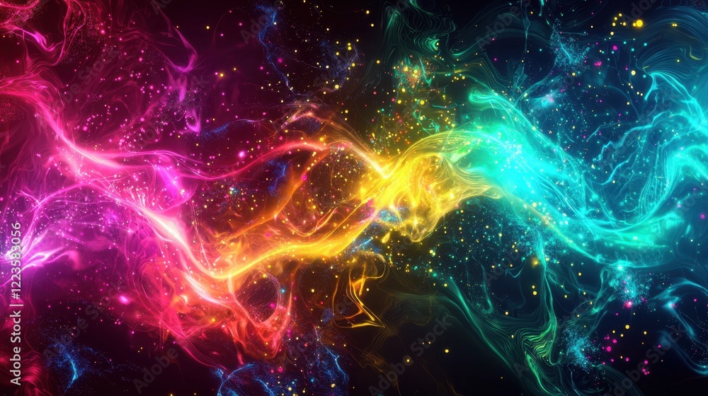 Fototapeta premium Bright hues of pink, blue, yellow, and green swirl together, creating a mesmerizing abstract effect with sparkling elements against a dark backdrop