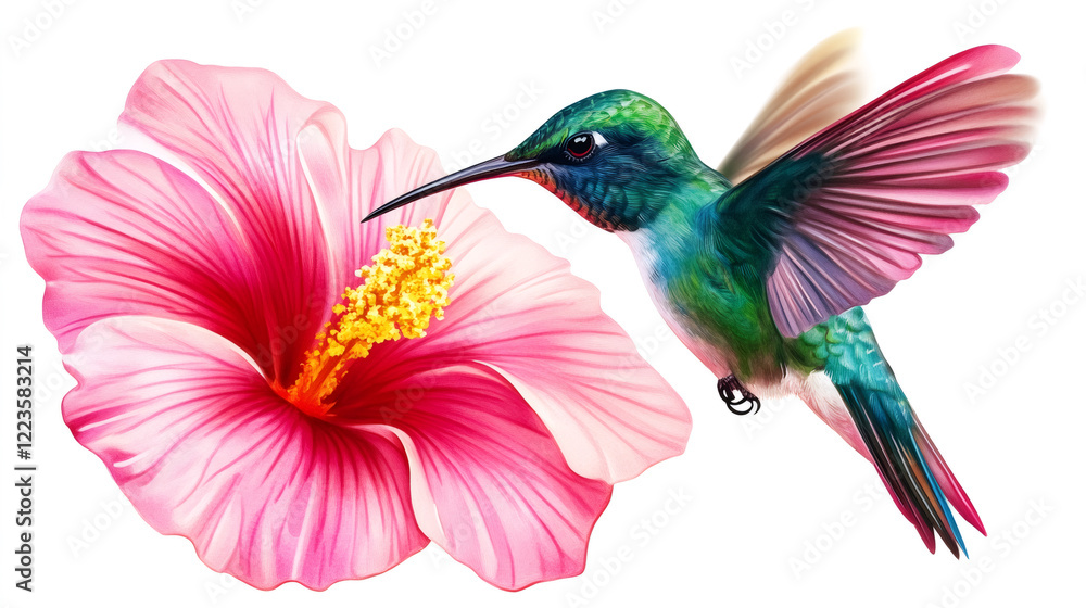 Obraz premium Vibrant hummingbird hovering near pink hibiscus flower