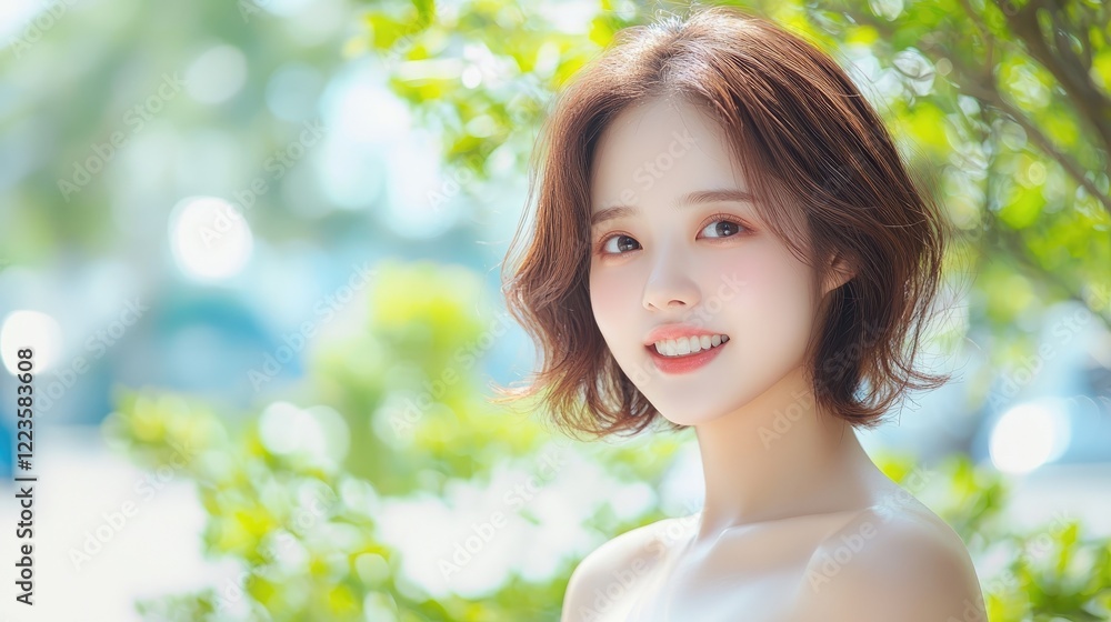 Young woman smiling outdoors, green bokeh background, beauty portrait, website header Young woman smiling outdoors, green bokeh background, beauty portrait, website header