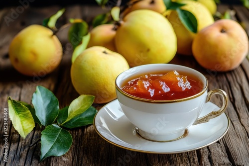 Tea with homemade quince jam on a rustic wooden surface surrounded by fresh fruits and quince leaves photo