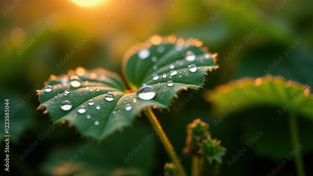 Macro photography of dew drops on a green leaf at sunrise	