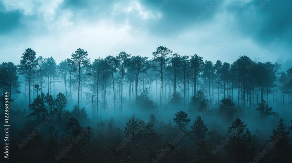 Obraz premium Misty pine forest landscape, dramatic sky, nature background, wallpaper