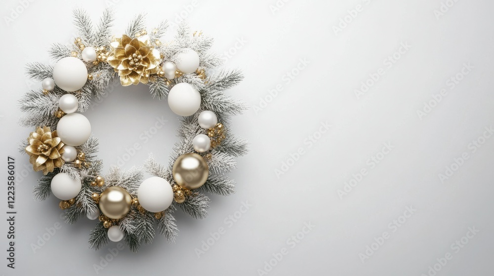 Elegant christmas wreath with gold and white ornaments on frosted pine branches Elegant christmas wreath with gold and white ornaments on frosted pine branches