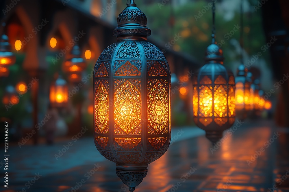 Illuminated Moroccan Lanterns Hanging Outdoors at Dusk
Illuminated Moroccan Lanterns Hanging Outdoors at Dusk