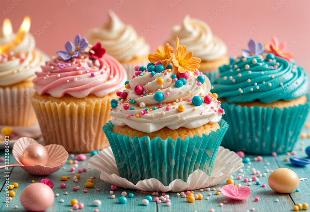 a tasty cupcakes on the table, ornate the top with cream, edible flowers, pearls and sprinkles, pink blue purple pastel colors - generated by ai a tasty cupcakes on the table, ornate the top with cream, edible flowers, pearls and sprinkles, pink blue purple pastel colors - generated by ai
