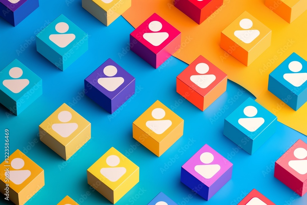 Naklejka premium Vibrant blocks with people icons on wooden table human resources management concept