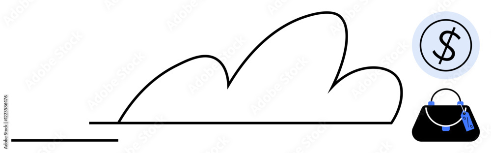 Abstract line representation of a cloud, dollar sign in a circular badge, and a handbag with tags. Ideal for e-commerce, digital transaction, online storage, finance, cloud computing, minimalism Abstract line representation of a cloud, dollar sign in a circular badge, and a handbag with tags. Ideal for e-commerce, digital transaction, online storage, finance, cloud computing, minimalism