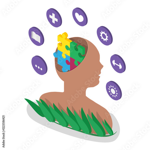 3D Isometric Flat Vector Illustration of Human Mental Health, Healthy Lifestyle. Item 1